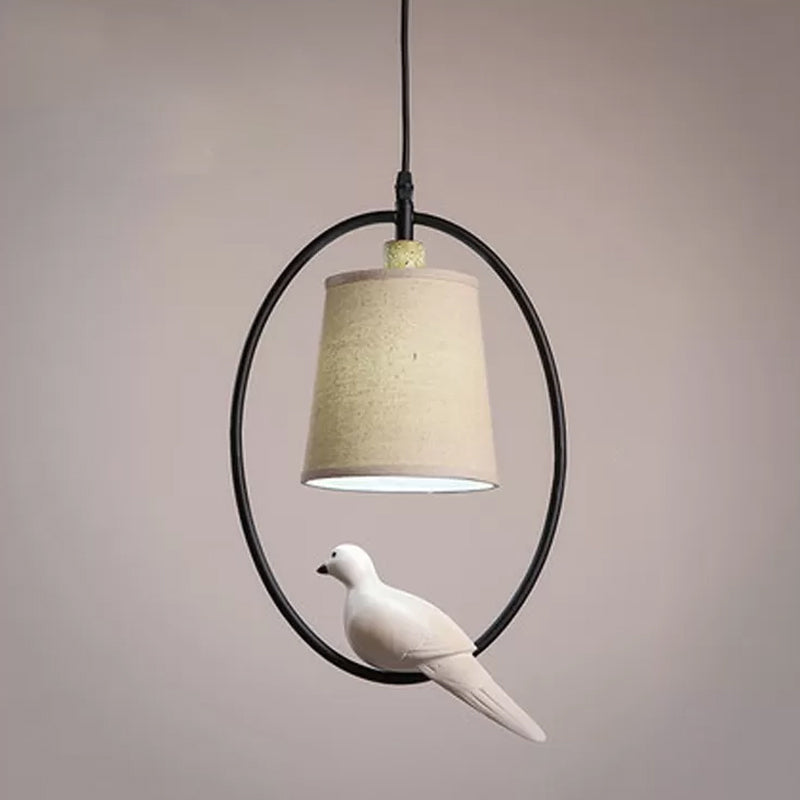 Cone Pendant Ceiling Light Artistic Fabric 1-Light White/Black Hanging Light with Bird Decor and Oval Frame