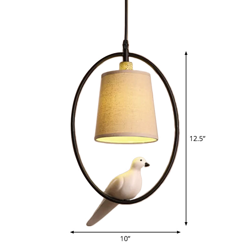 Cone Pendant Ceiling Light Artistic Fabric 1-Light White/Black Hanging Light with Bird Decor and Oval Frame