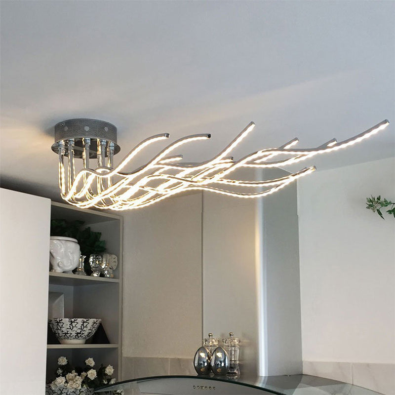 Aluminum Wavy Ceiling Light Fixture Minimalist Chrome LED Semi Flush Mount Lighting in Warm/White Light
