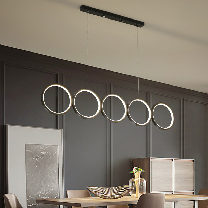 Black 5-Ring Hanging Island Light Simple Metal LED Ceiling Pendant over Table, Warm/White Light