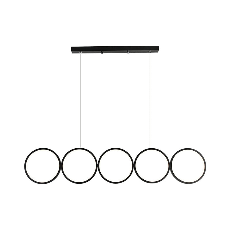 Black 5-Ring Hanging Island Light Simple Metal LED Ceiling Pendant over Table, Warm/White Light