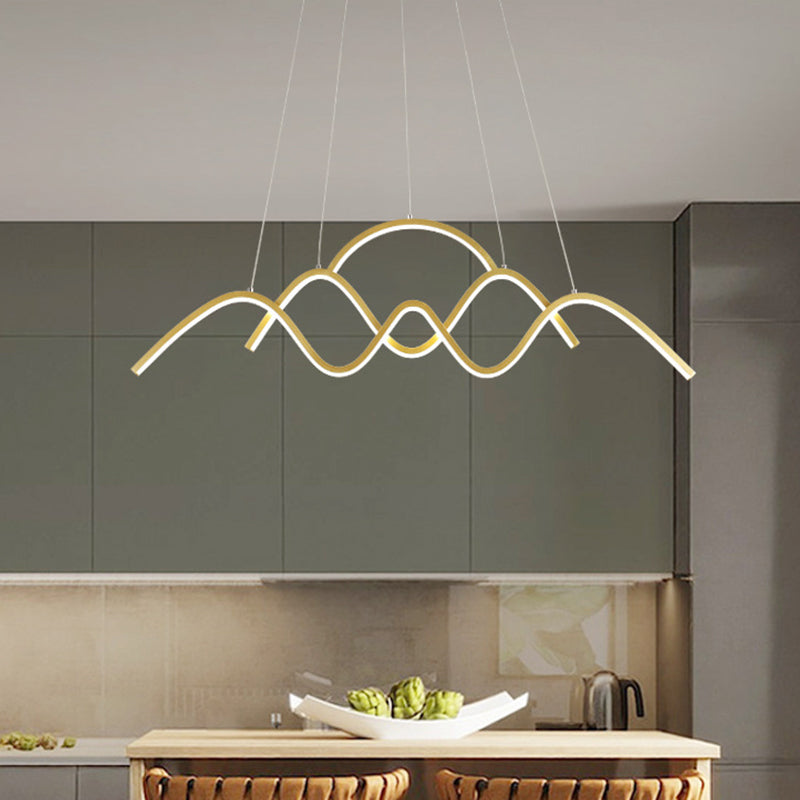 Gold/Black Wavy Chandelier Lamp Minimalist Metallic LED Hanging Pendant with Landscape Design, Warm/White Light