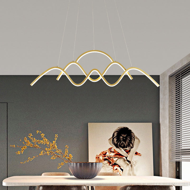 Gold/Black Wavy Chandelier Lamp Minimalist Metallic LED Hanging Pendant with Landscape Design, Warm/White Light