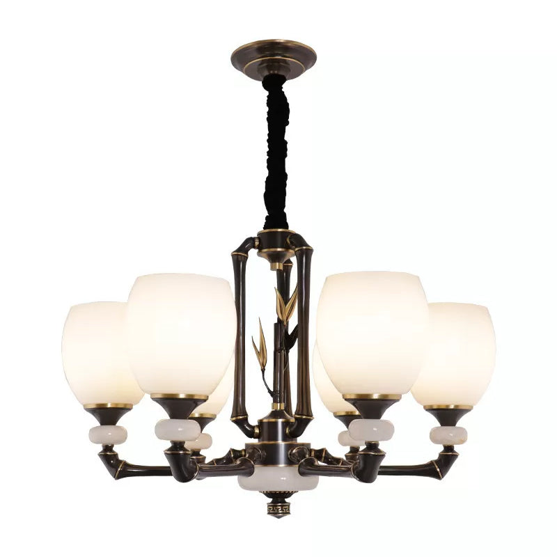 Zwarte bel hangverlichting vintage crème glas 6 koppen eetkamer hangende kroonluchter