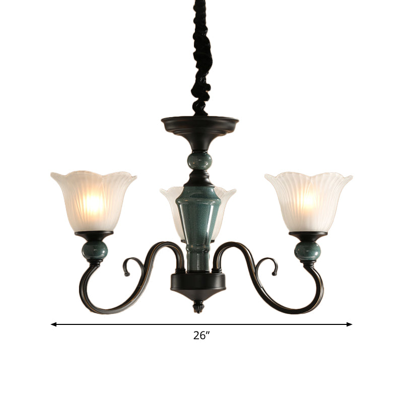 Farmhouse Blossom Up Chandelier 3/8/12 Heads Frosted Ribbed Glass Ceiling Hang Light in Blackish Green