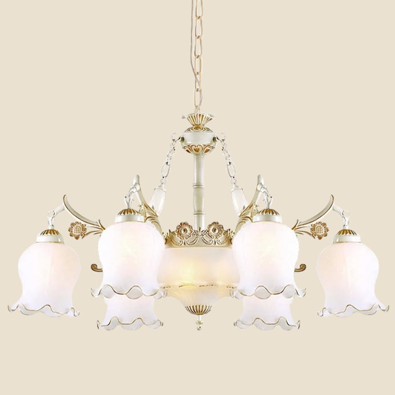 9 Heads Ivory Glass Pendant Lamp Traditional White/Bronze Flower Living Room Chandelier Light