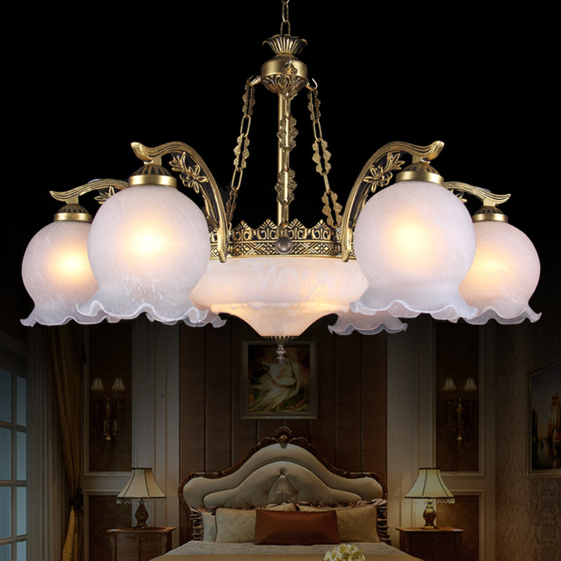 9 Lights Half-Bloom Ceiling Chandelier Rustic Brass White Glass Hanging Pendant Light