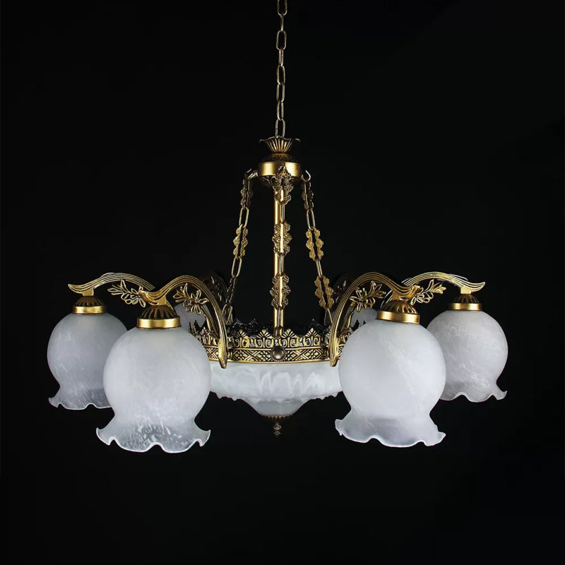 9 Lights Half-Bloom Ceiling Chandelier Rustic Brass White Glass Hanging Pendant Light