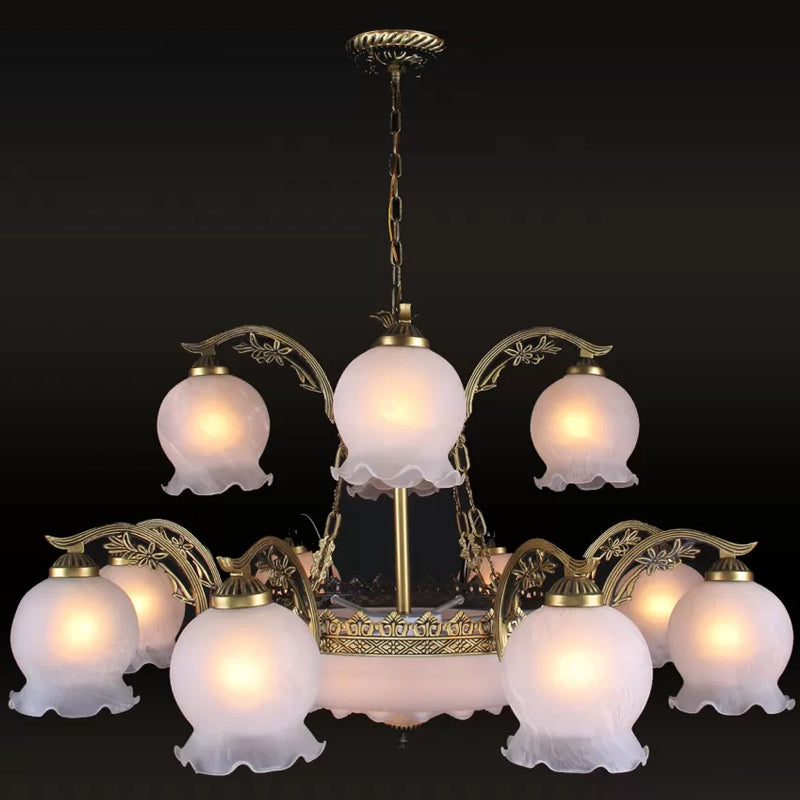 15 Heads Chandelier Lighting Traditional Tiered Flowerbud Opal Frosted Glass Pendant Light in Bronze