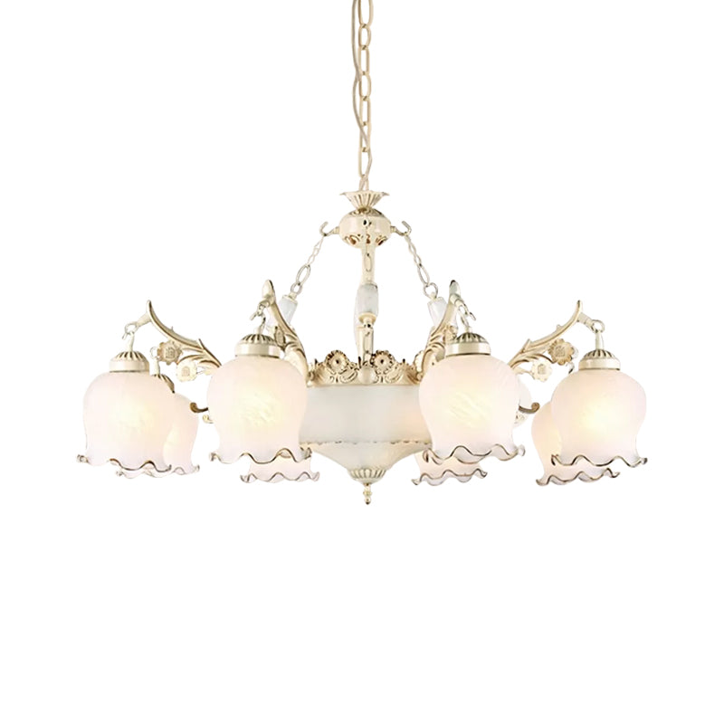 Salle à manger en forme de bourgeon de fleur lampe à goutte traditionnelle en verre blanc 11 lumières Chandelier en laiton