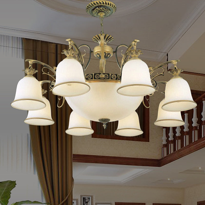 Rustic Carillon Chandelier Lighting 11 Heads White Glass Suspended Lighting Fixture in Brass
