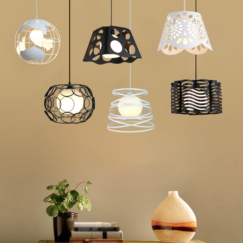 Black/White 1 Head Hanging Light Loft Metal Spring/Ova/Octagon Ceiling Pendant with Inner Globe Opal Glass Shade