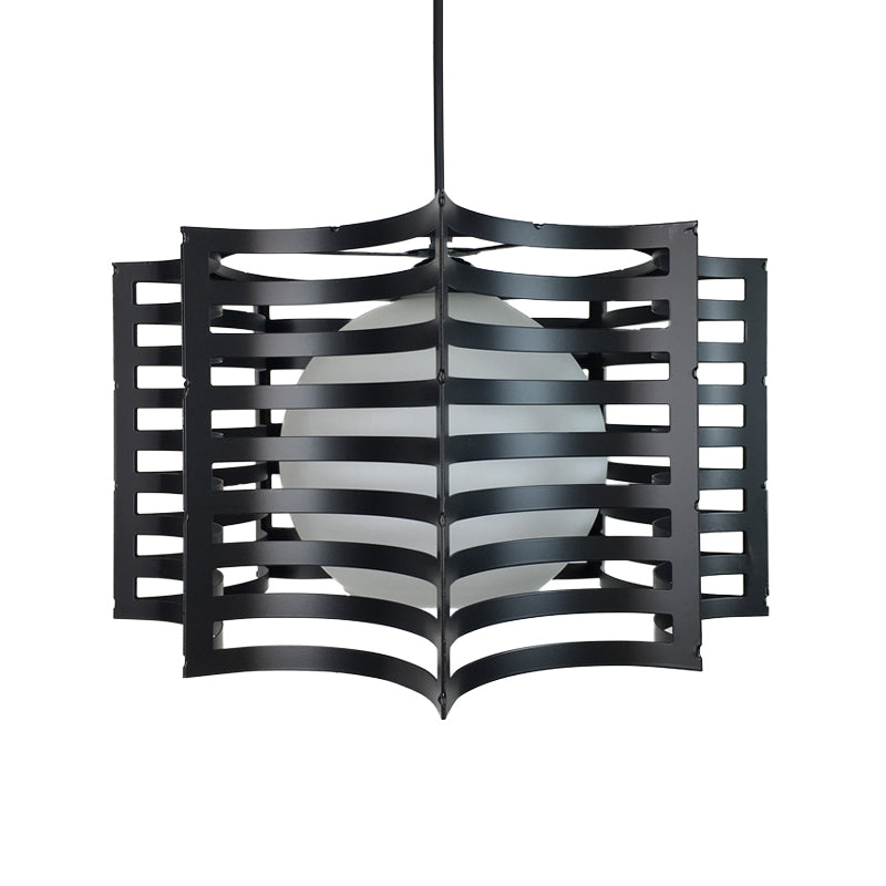 Black/White 1 Head Hanging Light Loft Metal Spring/Ova/Octagon Ceiling Pendant with Inner Globe Opal Glass Shade
