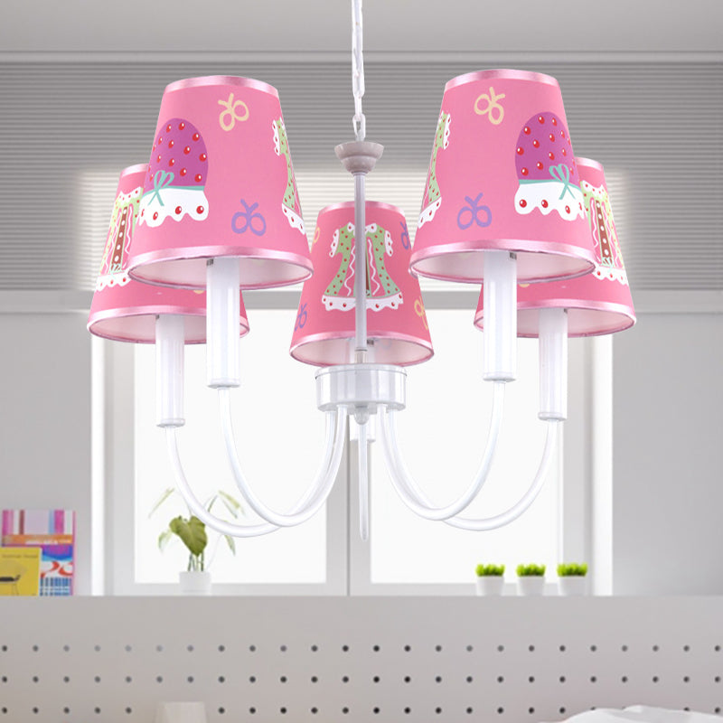 Cartoon Giraffe Hanging Light with Tapered Shade 5 Heads Metal Chandelier in Pink for Girls Room