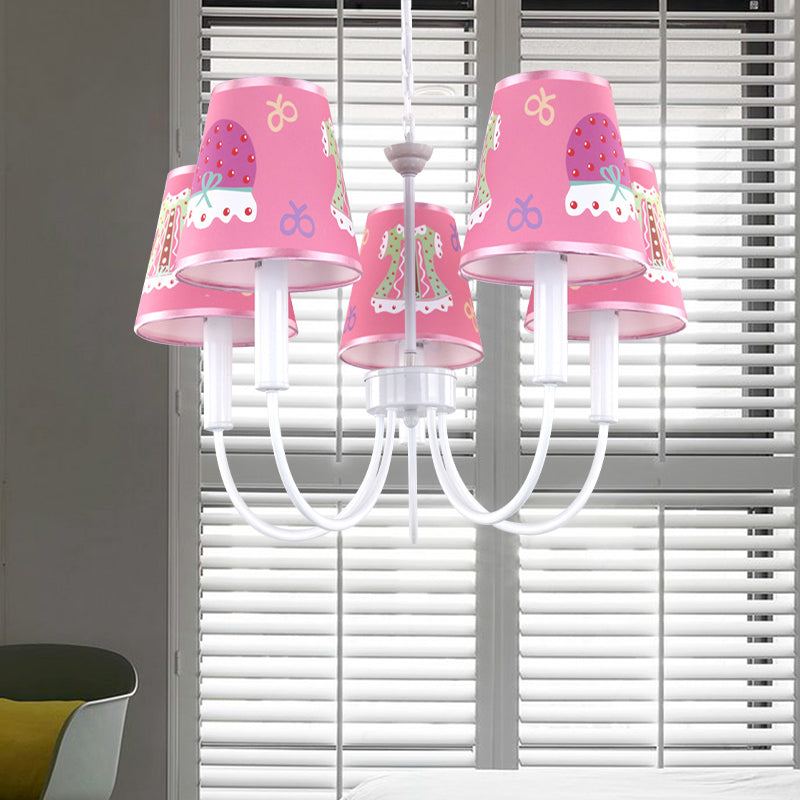 Cartoon Giraffe Hanging Light with Tapered Shade 5 Heads Metal Chandelier in Pink for Girls Room