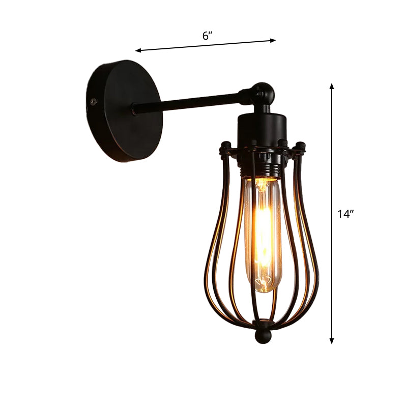 Bulb-Shaped Iron Wall Mount Lamp Industrial 1 Head Living Room Rotating Wall Mount Reading Light in Black