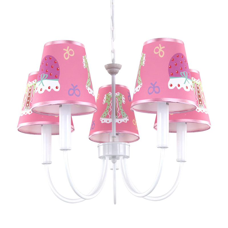 Cartoon Giraffe Hanging Light with Tapered Shade 5 Heads Metal Chandelier in Pink for Girls Room