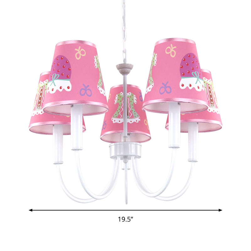 Cartoon Giraffe Hanging Light with Tapered Shade 5 Heads Metal Chandelier in Pink for Girls Room