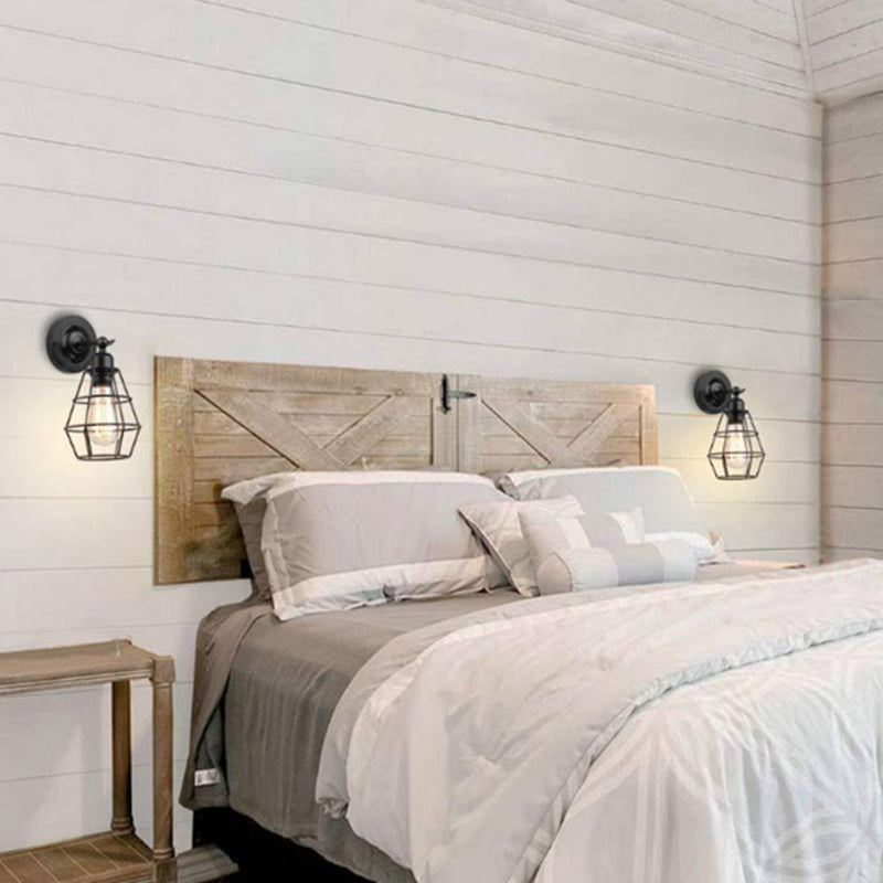 Cage de fil de fer Rotation de lampe murale rustique 1 Light Bedroom Lire la lumière murale en noir avec / sans interrupteur
