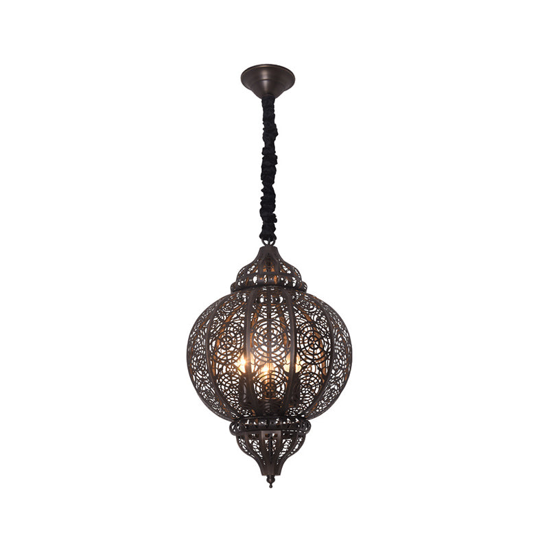 Bronze Globe Ceiling Hanging Lantern Turkish Iron 3-Light Restaurant Hollowed out Chandelier Lamp