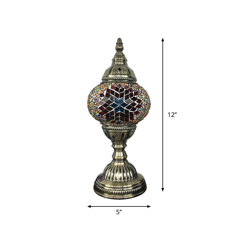 Single Night Stand Light Turkish Bedroom Table Lamp with Spherical Yellow/Red/Blue Glass Shade in Bronze