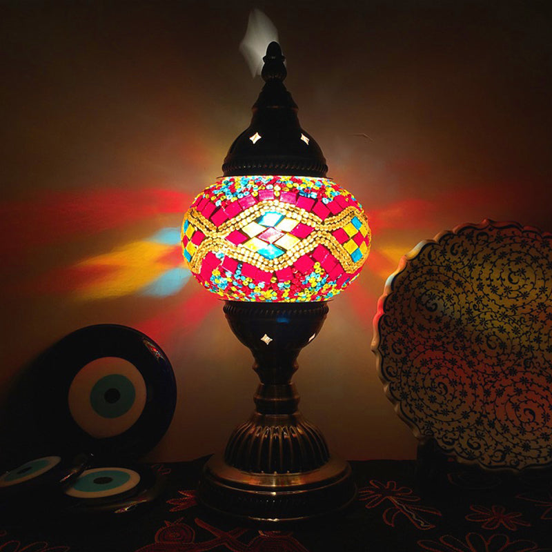 Single Night Stand Light Turkish Bedroom Table Lamp with Spherical Yellow/Red/Blue Glass Shade in Bronze
