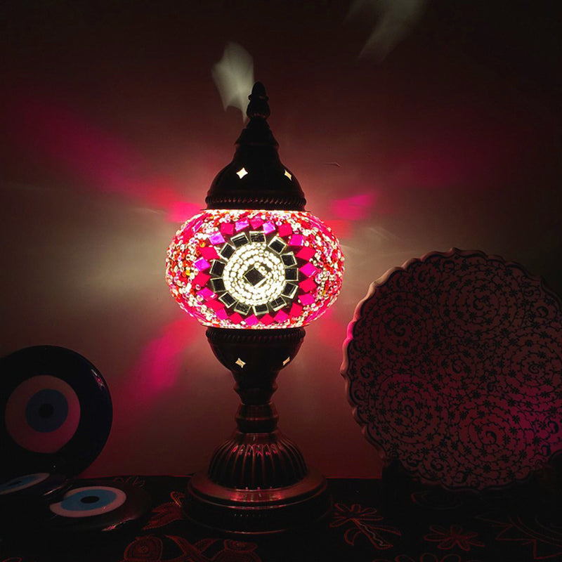 Single Night Stand Light Turkish Bedroom Table Lamp with Spherical Yellow/Red/Blue Glass Shade in Bronze