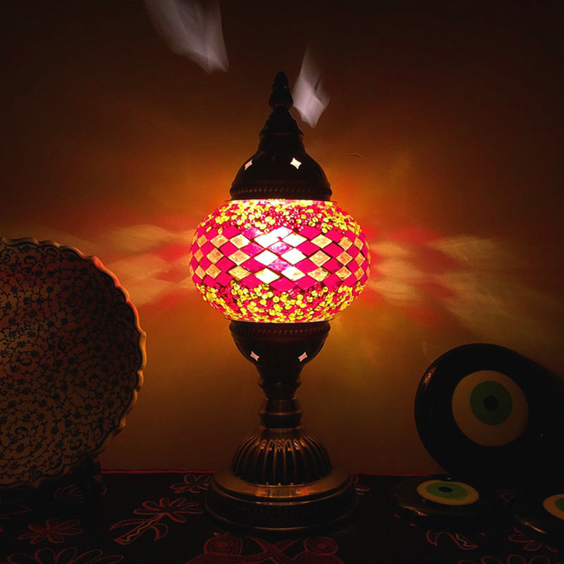 Single Night Stand Light Turkish Bedroom Table Lamp with Spherical Yellow/Red/Blue Glass Shade in Bronze