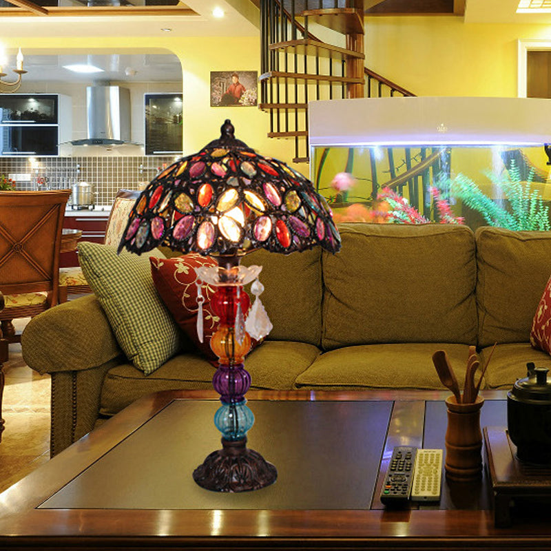 Lampe de nuit de nuit en verre taché de fleurs Bohême de salon 1-Bulb Light With Banuster Base en bronze