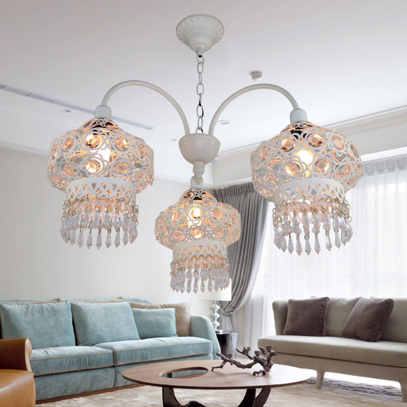 3-Head Beaded Lantern Chandelier Turkish White/Red Acrylic Hollowed-out Hanging Ceiling Light for Dining Room
