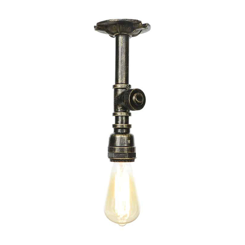 Vintage Pipe Ceiling Mounted Fixture 1 Light Metallic Semi Flush in Aged Silver/Antique Brass/Antique Bronze for Kitchen