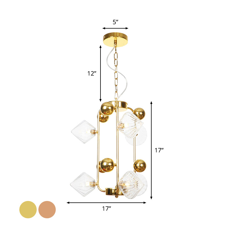 Diamond Living Room Chandelier Lighting Vintage Clear/Amber Ribbing Glass 6/8/10 Bulbs Copper/Gold Finish LED Pendant Lamp
