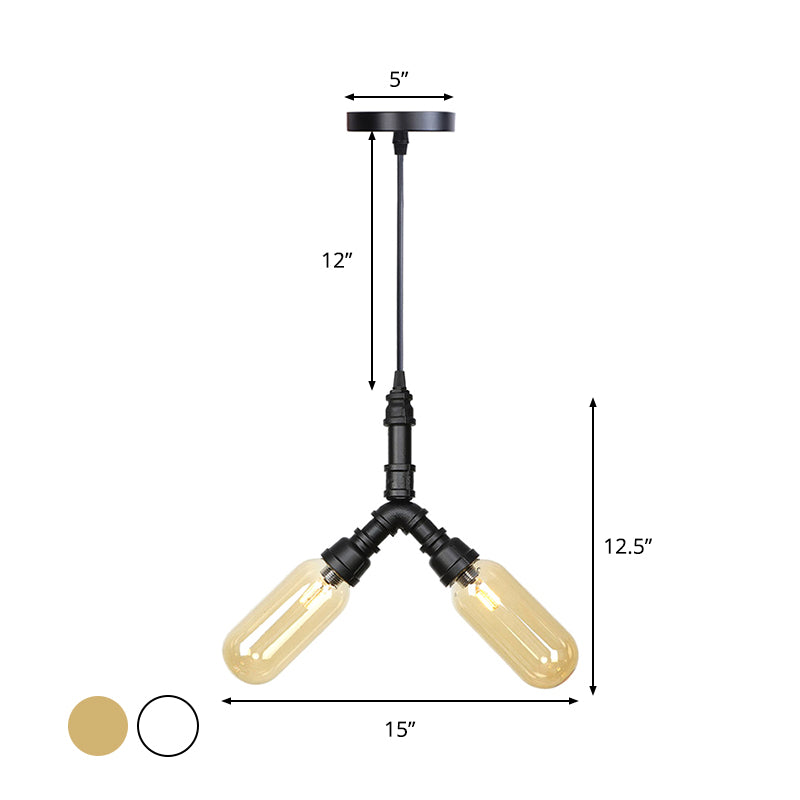 Piping Dining Room Hanging Lighting Industrial Amber/Clear Glass 2/3/4 Heads Black Finish LED Ceiling Chandelier