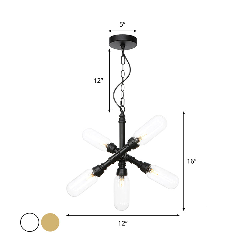 Vintage Starburst Chandelier Lighting 5/6/8 Lights Amber/Clear Glass Hanging Pendant Lamp in Black