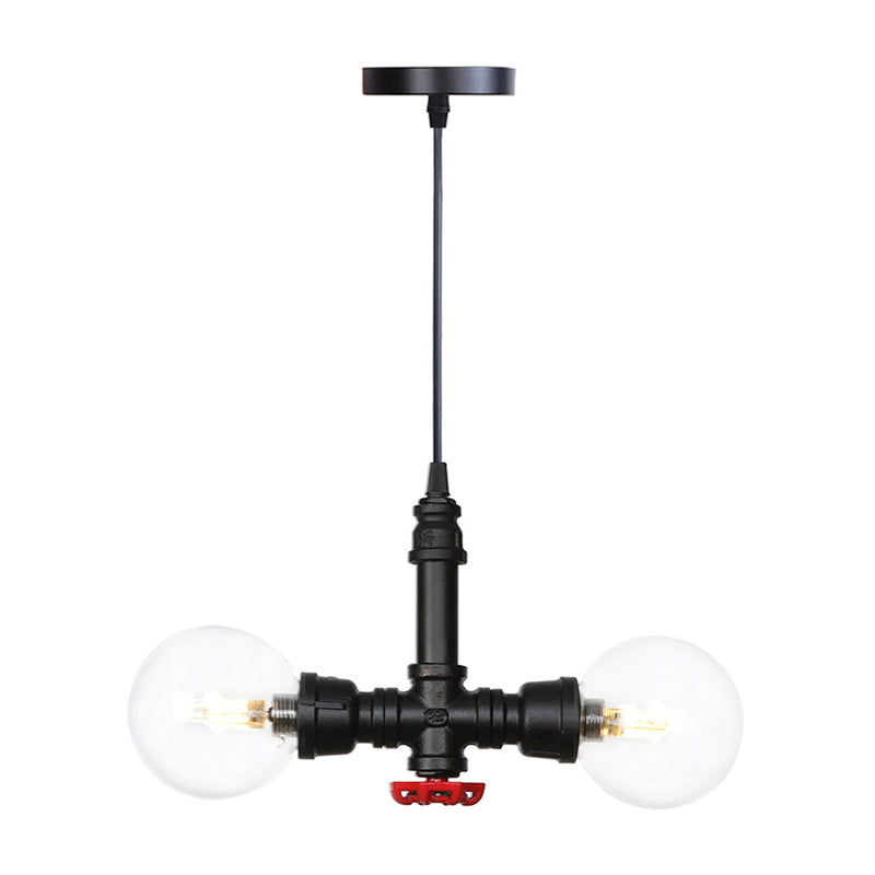 2 Bulbs Chandelier Pendant Lighting Vintage Sphere Amber/Clear Glass Hanging Lamp Fixture in Black