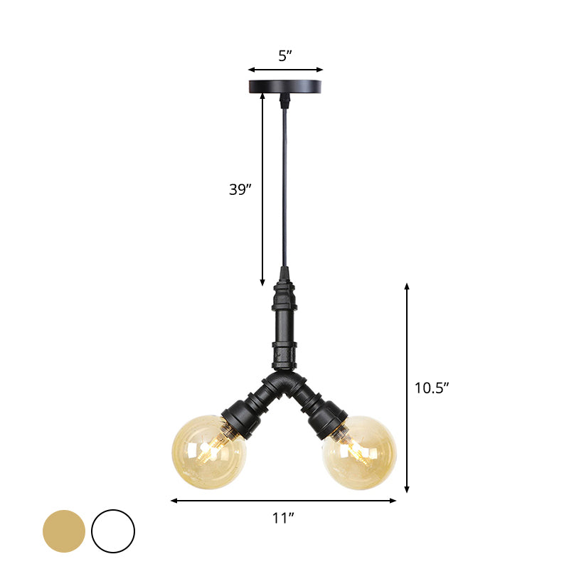 2 Lights Hanging Light Kit Industrial Restaurant LED Pendant Chandelier with Global Amber/Clear Glass Shade