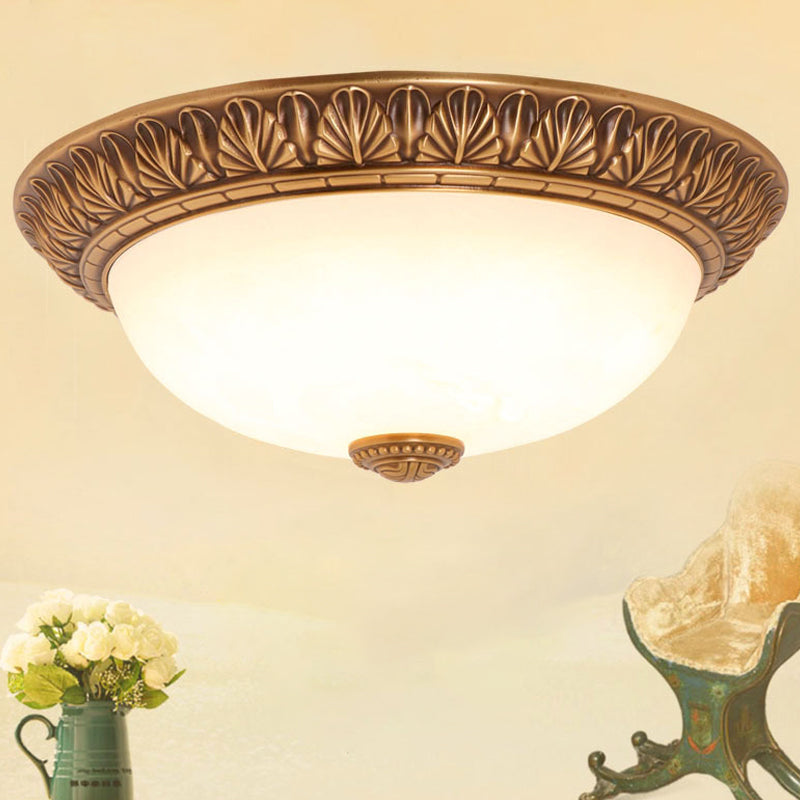 Cream Glass Bronze Flush Mount Light Flower/Leaf/Floral-Trimmed Bowl Traditional LED Ceiling Light Fixture, 12"/16" W
