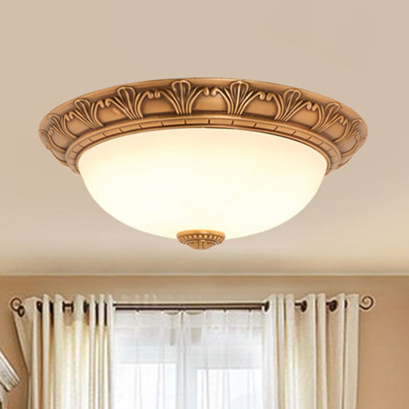 Cream Glass Bronze Flush Mount Light Flower/Leaf/Floral-Trimmed Bowl Traditional LED Ceiling Light Fixture, 12"/16" W