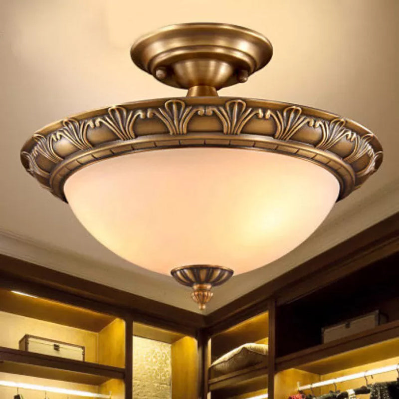 Small/Large Bowl Milk Glass Semi Flush Classic Bedroom LED Ceiling Light with Carved Cloud/Leaf/Flower Edge in Bronze
