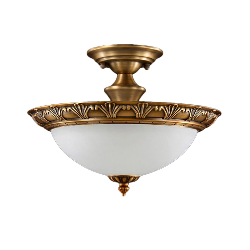 Small/Large Bowl Milk Glass Semi Flush Classic Bedroom LED Ceiling Light with Carved Cloud/Leaf/Flower Edge in Bronze