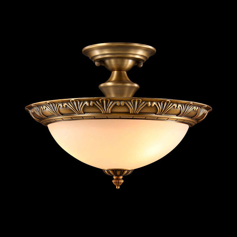 Small/Large Bowl Milk Glass Semi Flush Classic Bedroom LED Ceiling Light with Carved Cloud/Leaf/Flower Edge in Bronze