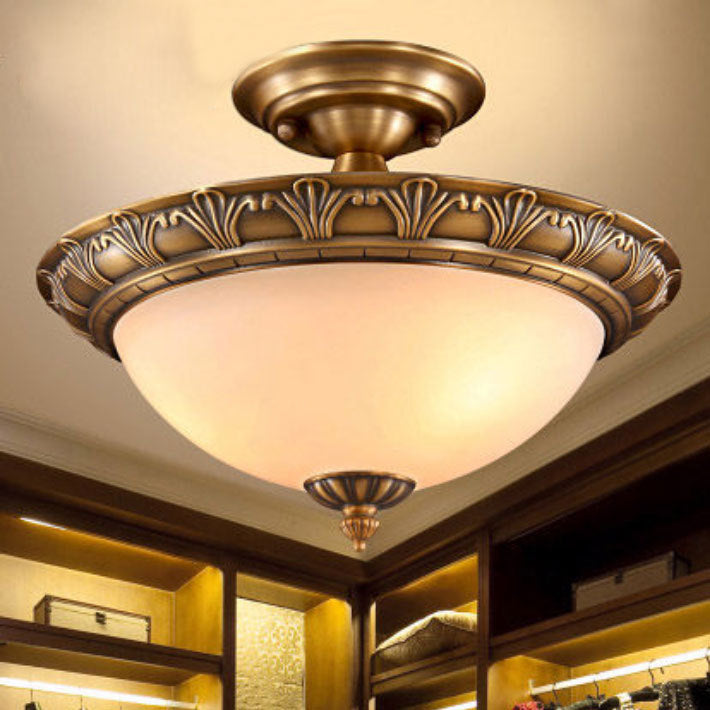 Small/Large Bowl Milk Glass Semi Flush Classic Bedroom LED Ceiling Light with Carved Cloud/Leaf/Flower Edge in Bronze