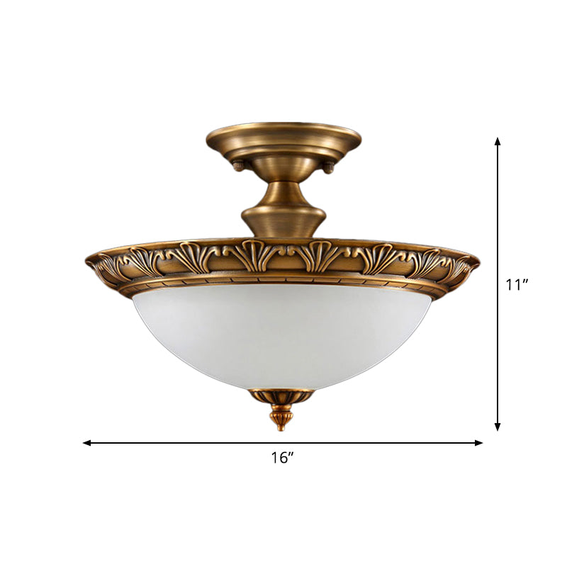 Small/Large Bowl Milk Glass Semi Flush Classic Bedroom LED Ceiling Light with Carved Cloud/Leaf/Flower Edge in Bronze