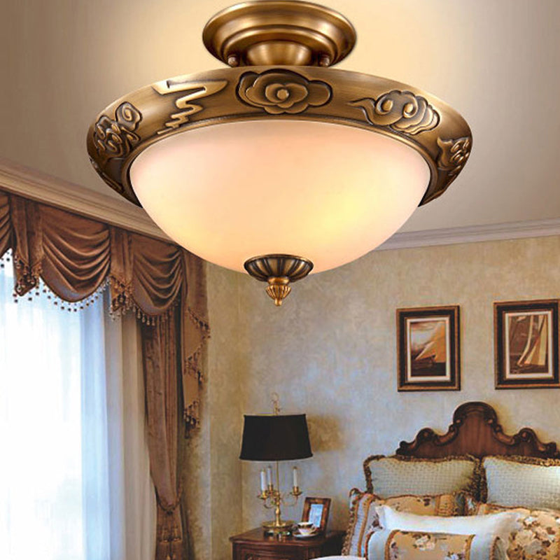 Small/Large Bowl Milk Glass Semi Flush Classic Bedroom LED Ceiling Light with Carved Cloud/Leaf/Flower Edge in Bronze