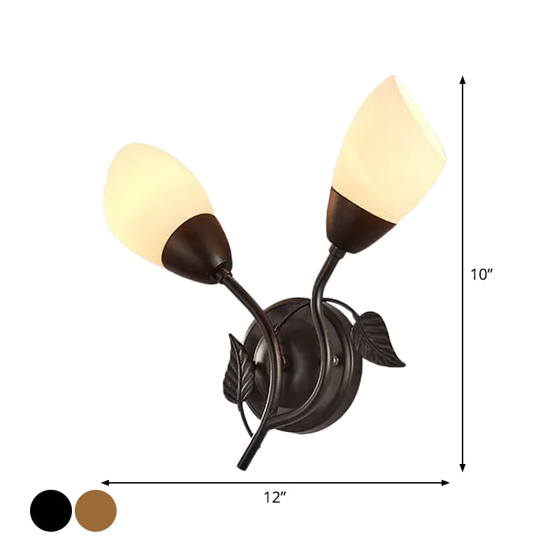Rustic Tulip Wall Sconce Light 2 Bulbs Opal Frosted Glass Wall Mounted Lamp in Black/Gold for Bedroom