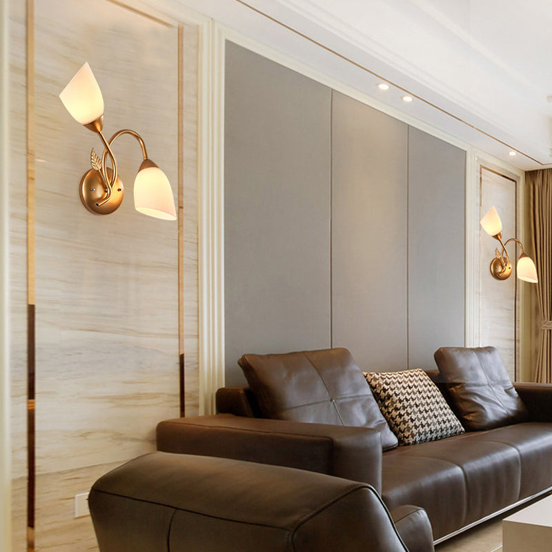 Rustic Tulip Wall Sconce Light 2 Bulbs Opal Frosted Glass Wall Mounted Lamp in Black/Gold for Bedroom