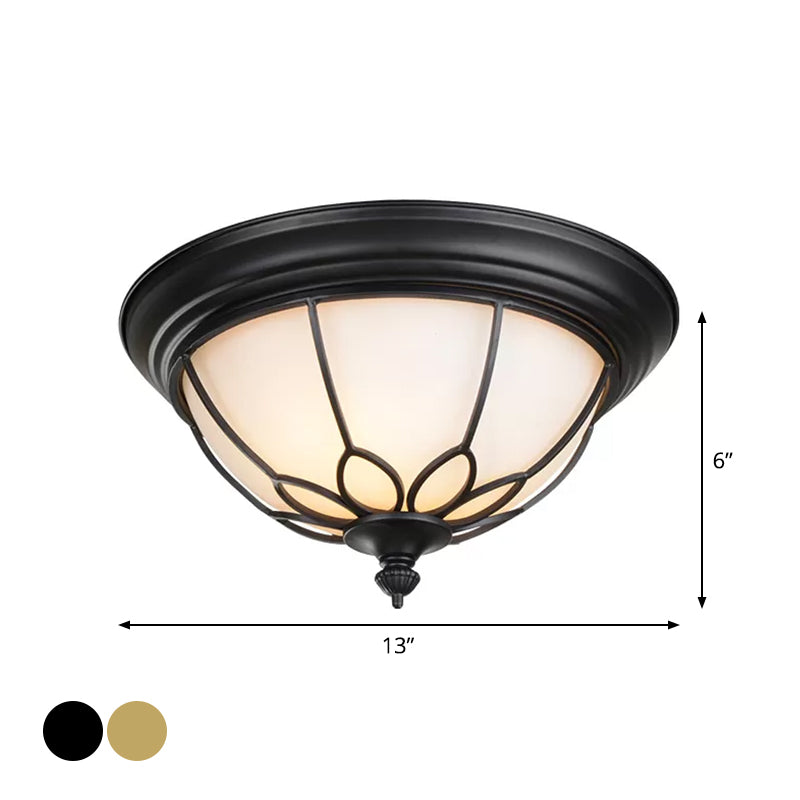 6"/7"/8.5" W Retro Hemisphere Flush Light Opal Frosted Glass LED Flush Mount Ceiling Lamp with Cage Guard in Black/Gold