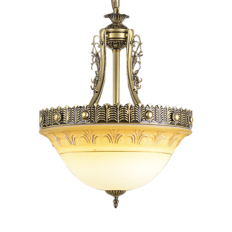 Bowl Terrace Ceiling Chandelier Rustic Beige and White Glass 3-Light 12"/16"/19.5" W Brass Pendant Lamp