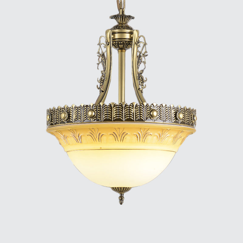 Bowl Terrace Ceiling Chandelier Rustic Beige and White Glass 3-Light 12"/16"/19.5" W Brass Pendant Lamp
