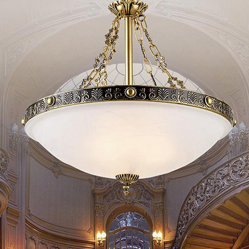Witte glazen kom kroonluchter hanger Antieke 3 bollen 12 "/16" /19,5 "brede woonkamer plafond suspensielamp in messing